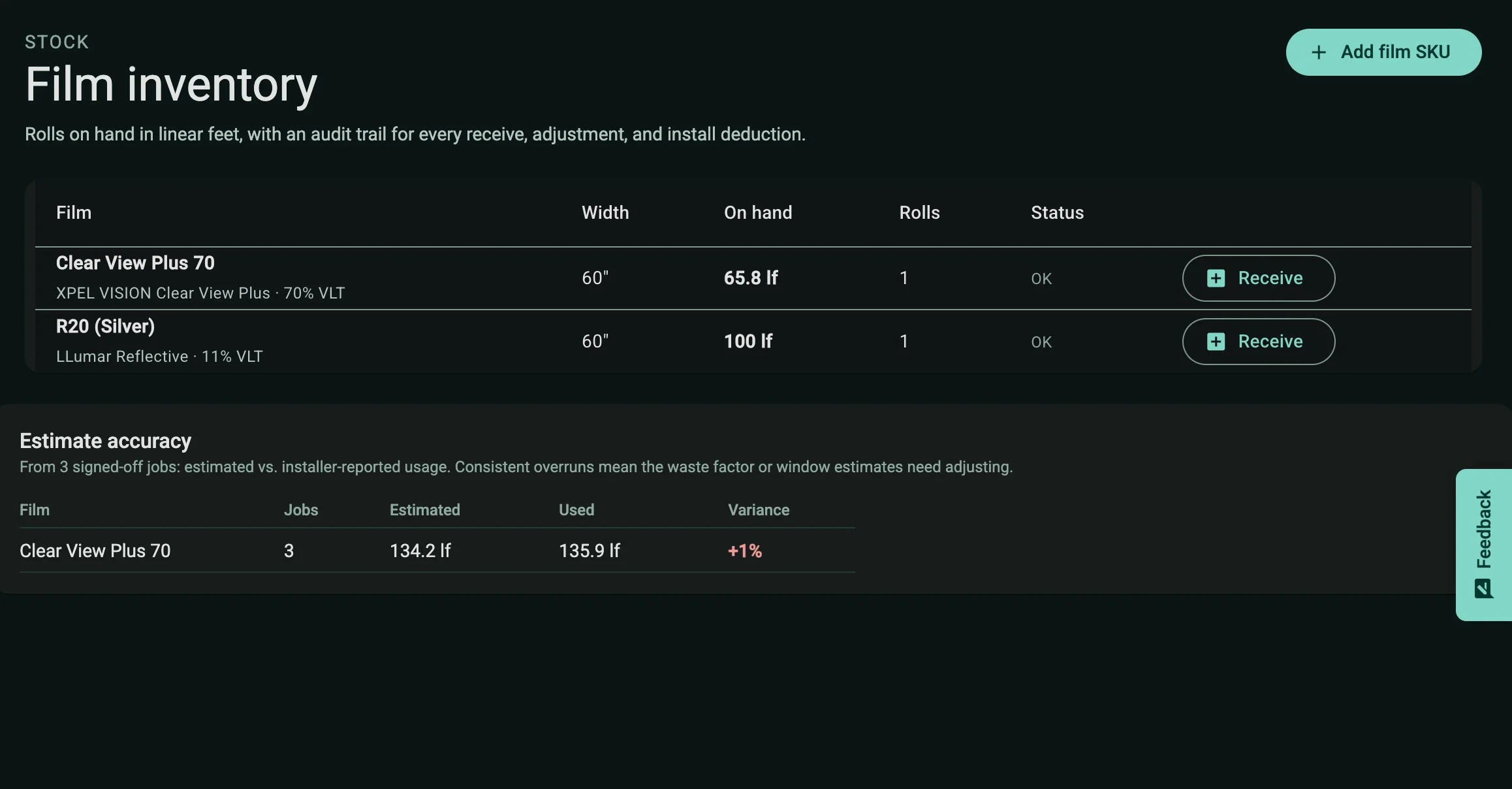 Tint Manager film inventory showing two film products, widths, stock in linear feet, roll counts, and estimated versus actual usage across three jobs.