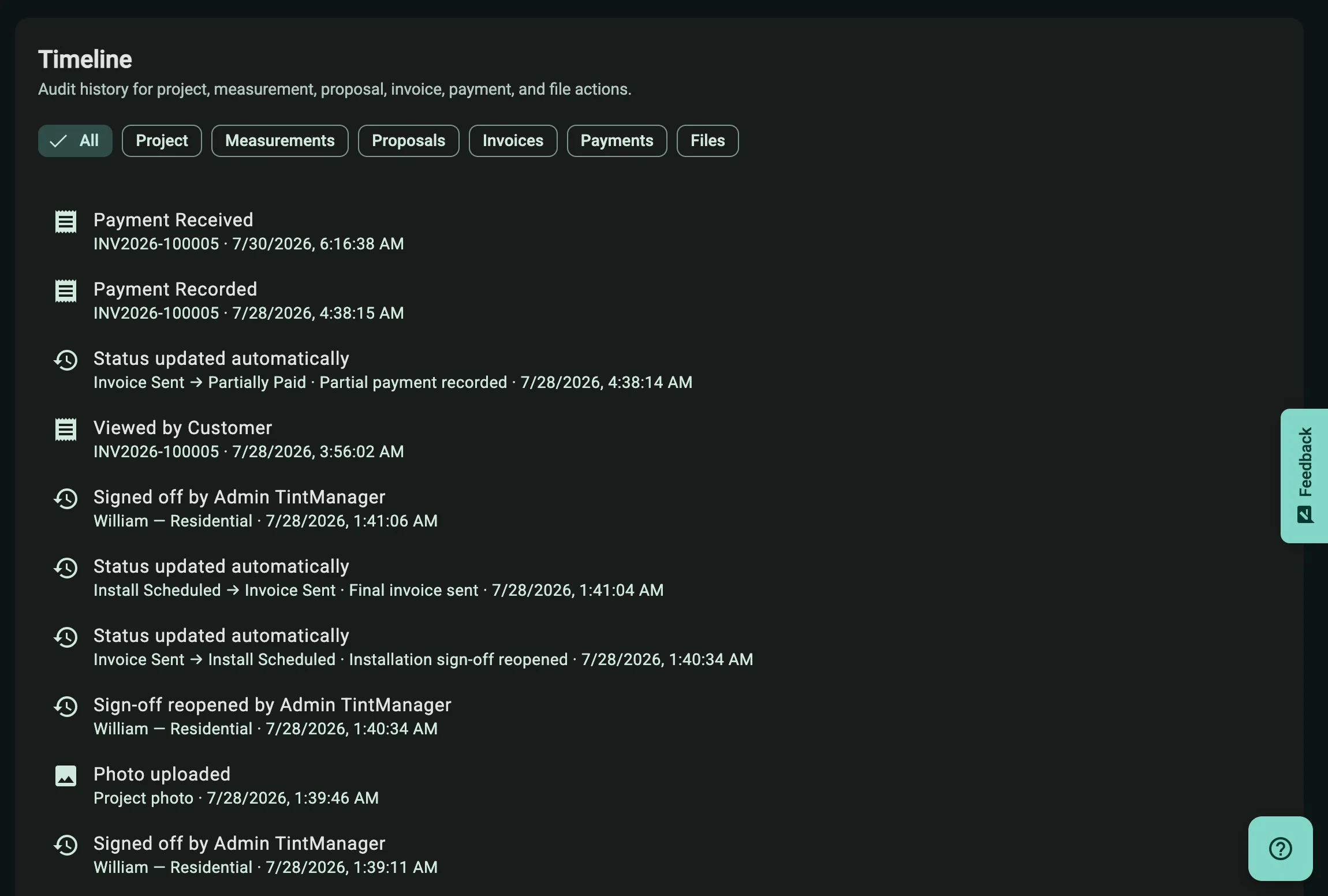 Tint Manager project timeline with dated payment, invoice-view, sign-off, status-change, and photo-upload events, plus filters by record type.